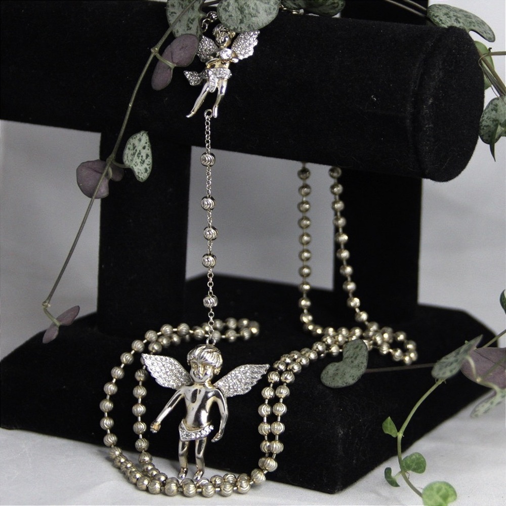 HEAVY Sterling Silver 925 Angel Cherub Rosary Necklace 47g Diamond Cut Beads 20"